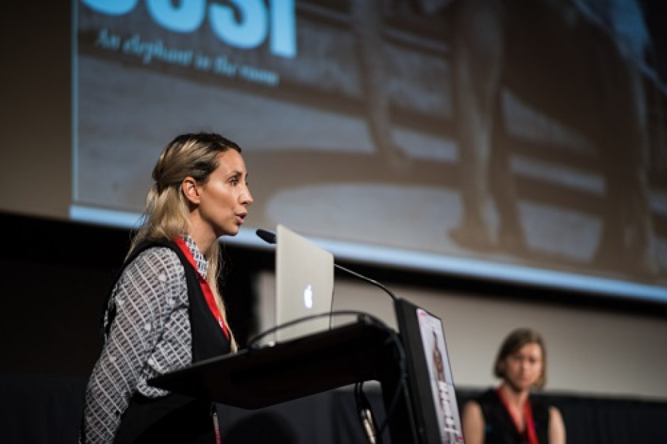 Participante expone su proyecto en el pitching.